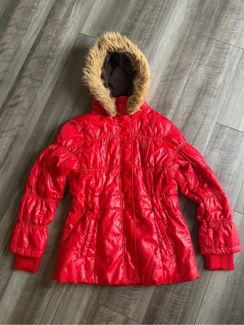 Vtg Y2K Southpole Women’s XL Red Puffer Coat w Removable Faux-Fur Trimmed Hood